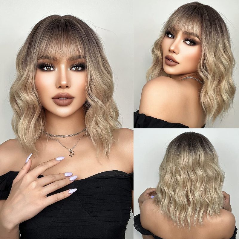 Photo 1 of 14 inch Ombre Blonde Bob Wig for Women Short Wavy Wig with Bangs Dark Roots Heat Resistant Synthetic Wig 