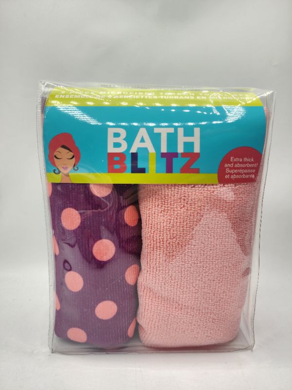 Photo 1 of Bath Blitz Microfiber Turban Towel Pack 1 Pink & 1 Purple With Pink Polka Dots New