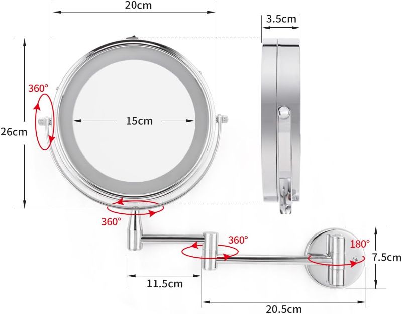 Photo 4 of Wall Mount Magnifying Mirror?5X Magnification Double Sided Wall Mirror Illuminated LED Wall Makeup Mirror Convenient Switch Button 360° Swivel and Extendable for Bathroom
