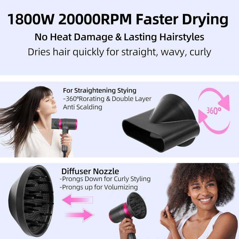 Photo 3 of Negative Ion Dryer Hair Dryer with Diffuser 200 Million Ionic Blow Dryer 1800W Portable Hairdryer Fast Drying for Woman 4C Thick Curly Hair with No Damage Contain 2 Nozzles and 1Wall Mounted Holder for Home Salon Travel