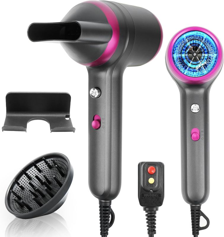 Photo 1 of Negative Ion Dryer Hair Dryer with Diffuser 200 Million Ionic Blow Dryer 1800W Portable Hairdryer Fast Drying for Woman 4C Thick Curly Hair with No Damage Contain 2 Nozzles and 1Wall Mounted Holder for Home Salon Travel