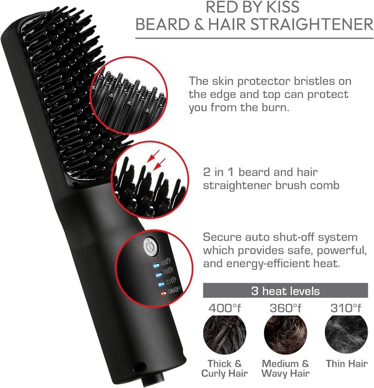 Photo 3 of Red by Kiss Beard & Hair Straightener, Secure Auto Shut-Off, 2 in 1 Heated Straightening Beard Brush 360 degree swivel cord Temperature Adjustable