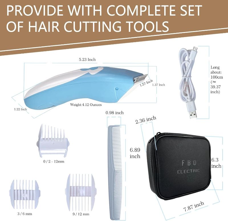 Photo 1 of FBO Baby Hair Clippers,Pro Electric Hair Trimmer,Quiet Lithium-ion Battery Micro USB Cable Rechargeable Waterproof Cordless Baby Haircut Kit,for Infant Toddler Kids Barber Salon (Blue)