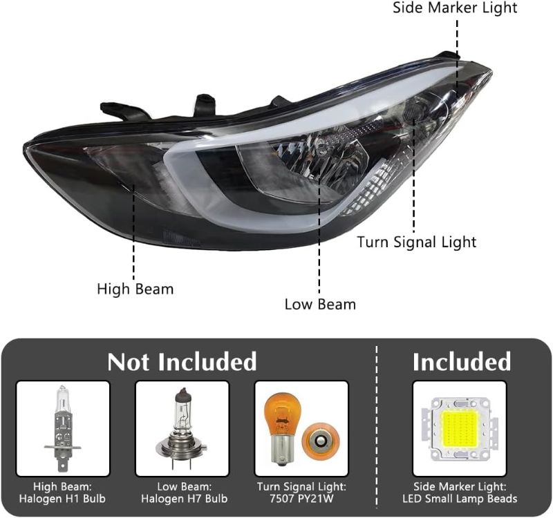 Photo 2 of For Hyundai Elantra 2014 2015 2016 Driver Side Halogen Headlights Headlamp Assembly Chrome Housing Clear Lens Replaces 921013Y500 