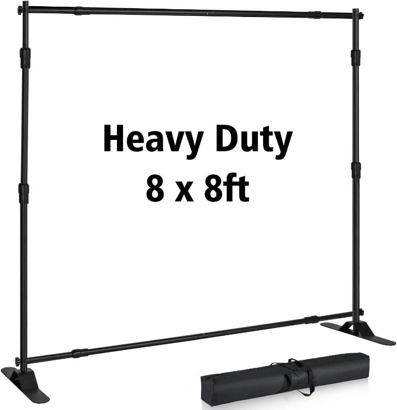 Photo 1 of Photo Backdrop Stand - Heavy Duty Banner Holder Adjustable Photography Poster Stand - Height Up to 8x8 ft for Trade Show, Photo Booth, Parties, Wedding, Birthday, Photoshoot Background