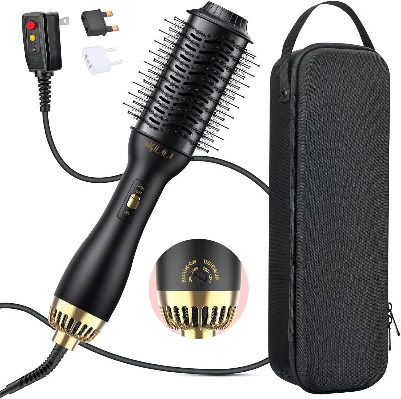 Photo 1 of Hair Dryer Brush, Dual Voltage Hot Air Brush for International Travel, 100-240V, EU/UK Plug Adapter & Travel Case Included, Volumizing, Black, Plastic, 1200W, Hair Dryer Brush for Women