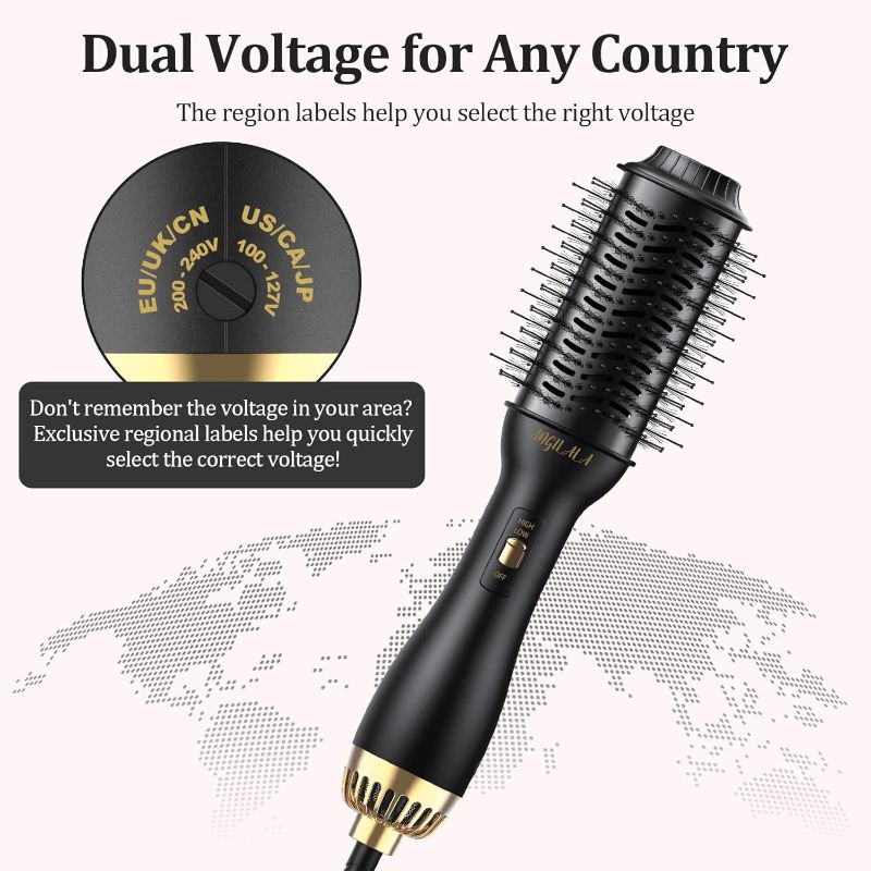 Photo 2 of Hair Dryer Brush, Dual Voltage Hot Air Brush for International Travel, 100-240V, EU/UK Plug Adapter & Travel Case Included, Volumizing, Black, Plastic, 1200W, Hair Dryer Brush for Women