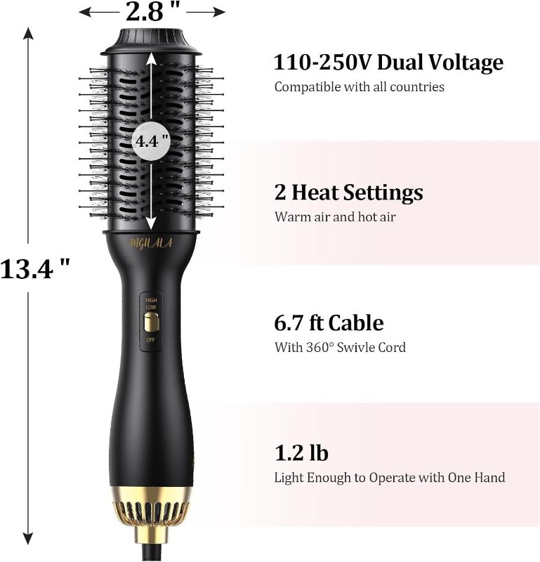 Photo 6 of Hair Dryer Brush, Dual Voltage Hot Air Brush for International Travel, 100-240V, EU/UK Plug Adapter & Travel Case Included, Volumizing, Black, Plastic, 1200W, Hair Dryer Brush for Women