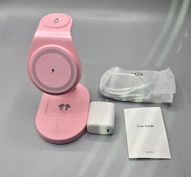 Photo 1 of Pink 3 in 1 Wireless Charger Charging Station for iPhone,Qi2 Certified 15W Magnetic Charging Stand for Mag-Safe with 30W USB C Adapter& Friendly Night Light for iPhone 16/15/14/13/12,Apple Watch, AirPods
