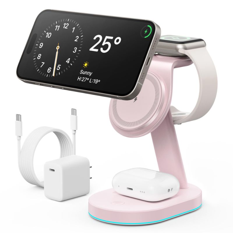 Photo 1 of Pink 3 in 1 Wireless Charger Charging Station for iPhone,Qi2 Certified 15W Magnetic Charging Stand for Mag-Safe with 30W USB C Adapter& Friendly Night Light for iPhone 16/15/14/13/12,Apple Watch, AirPods