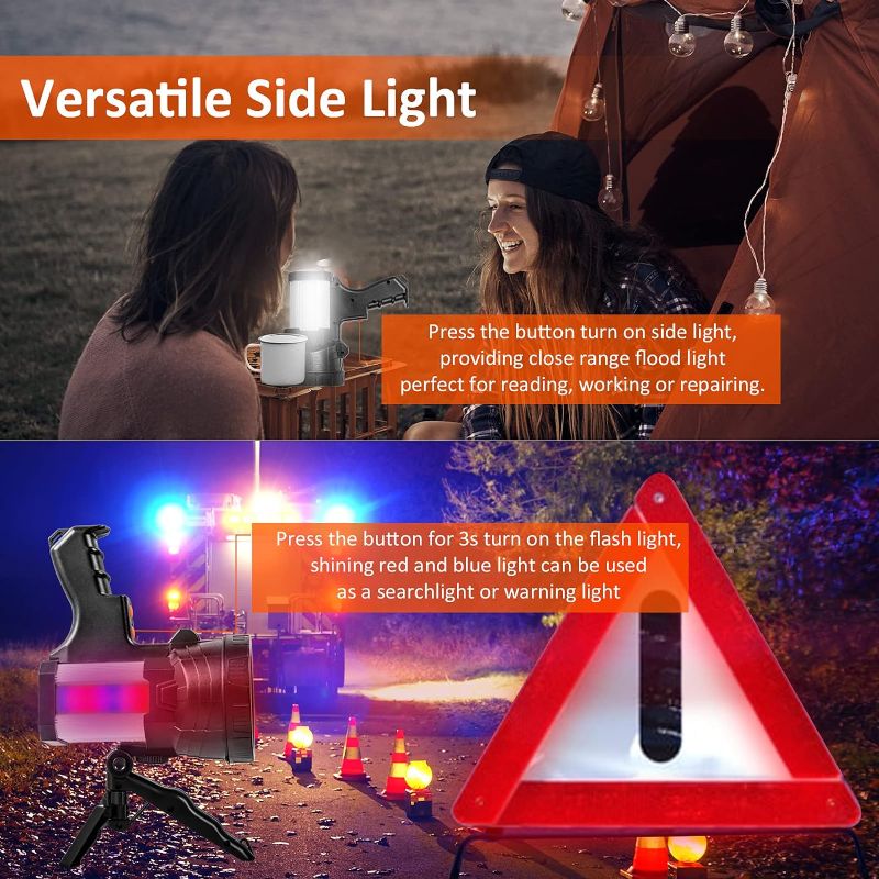 Photo 4 of Samyoung Spotlight 120000 Lumen Super Bright, 10000 mAh 30 Hours LED Rechargeable Flashlights, IP65 Waterproof Rechargeable Spotlight Come with Collapsible Tripod & Strip for Hunting Boat Camping Large