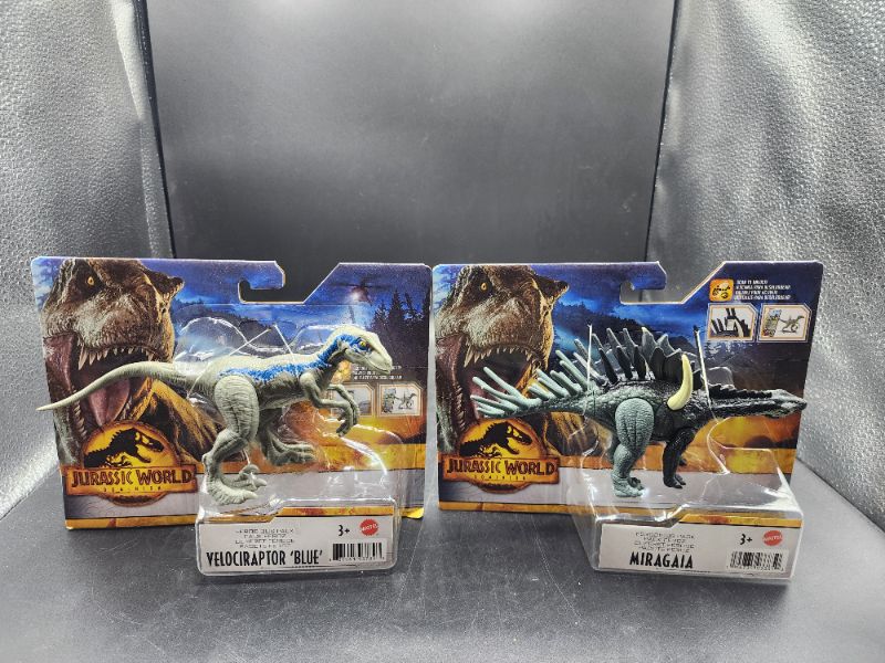 Photo 2 of Jurassic World: Dominion Ferocious Pack Velociraptor Blue Dinosaur Figure & Miragaia Dinosaur Figure
