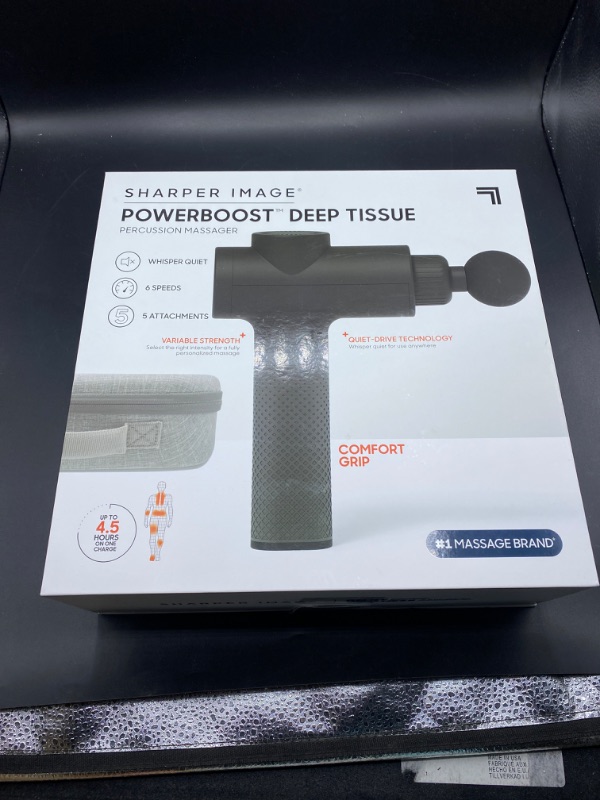 Photo 2 of SHARPER IMAGE Powerboost Deep Tissue Percussion Massager Version 2.0, Massage Gun w/ 5 Attachments, 6 Speed Settings, Whisper Quiet Operation, Ergonomic Rubber Grip Handle, Rechargeable Battery- Black Powerboost 2.0 Black