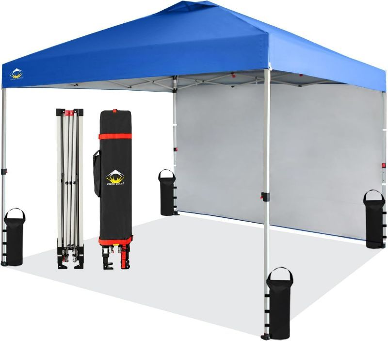Photo 1 of CROWN SHADES 10x10 Pop up Canopy Instant Commercial Canopy with 1 Removable Sidewall STO'N and Go Bag, Blue