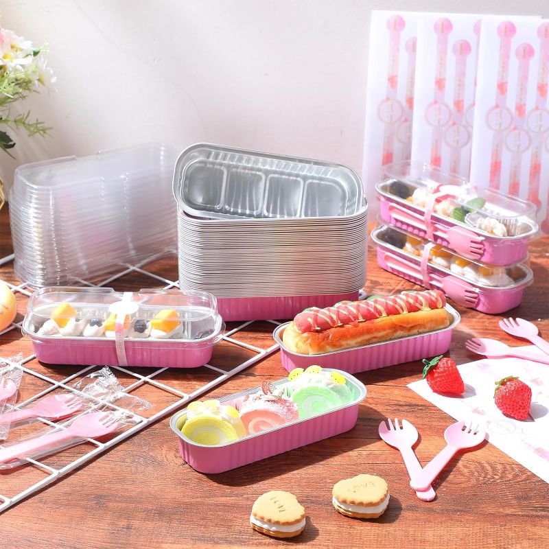 Photo 2 of  100 Pcs 6.8 oz Aluminum Foil Mini Pink Cake Pans with Lids  
