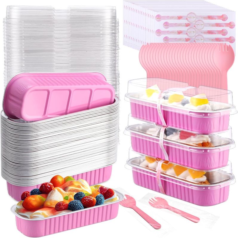 Photo 1 of  100 Pcs 6.8 oz Aluminum Foil Mini Pink Cake Pans with Lids  