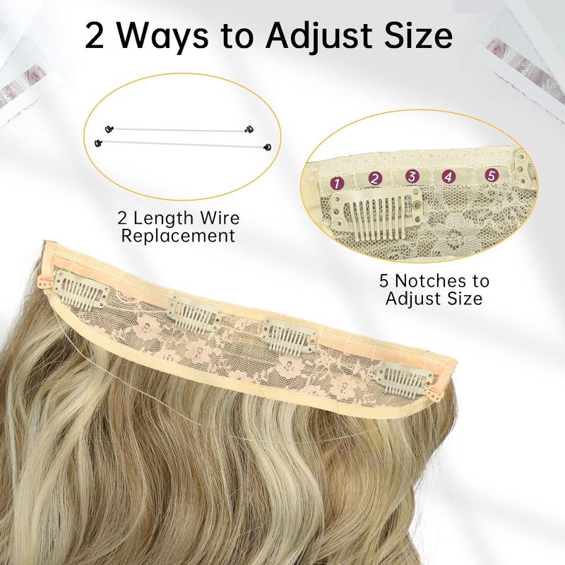 Photo 3 of KooKaStyle Invisible Wire Hair Extensions with Transparent Headband Adjustable Size 4 Secure Clips Long Wavy Secret Wire Hairpiece 20 Inch Dirty Blonde Mixed Bleach Blonde for Women