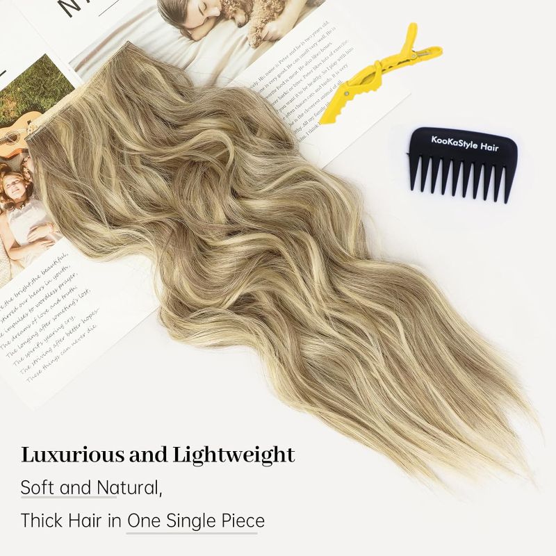 Photo 4 of KooKaStyle Invisible Wire Hair Extensions with Transparent Headband Adjustable Size 4 Secure Clips Long Wavy Secret Wire Hairpiece 20 Inch Dirty Blonde Mixed Bleach Blonde for Women