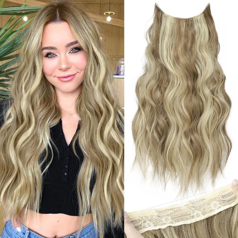 Photo 1 of KooKaStyle Invisible Wire Hair Extensions with Transparent Headband Adjustable Size 4 Secure Clips Long Wavy Secret Wire Hairpiece 20 Inch Dirty Blonde Mixed Bleach Blonde for Women
