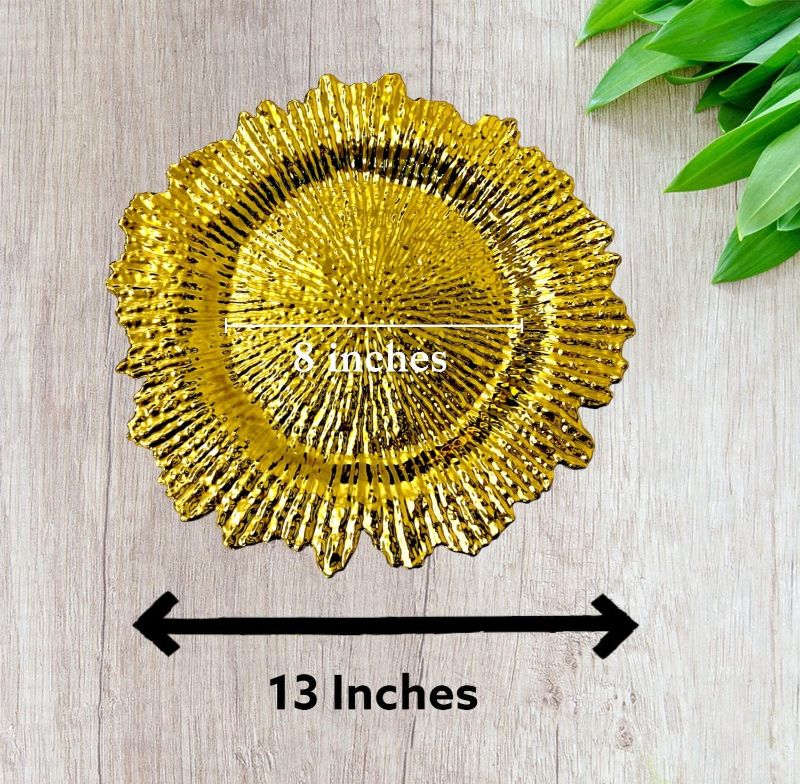 Photo 3 of 13" inch Gold Coral Reef Emboss Pattern Retro Relief Charger Plates, Set of 6 pcs, Elegance Wedding Dinners, Luxury Parties Royal Dining