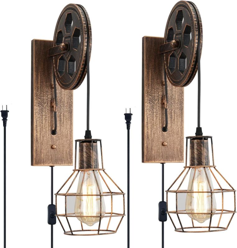 Photo 1 of Plug-in Wall Sconce Set of Two, Vintage Industrial Farmhouse Wall Sconce, Indoor Bedroom Bedside Lamps, Living Room, Hallway, Rustic Wall Sconce with 60 inch Switch Cord Lighting Fixture
