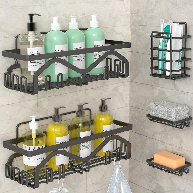Photo 1 of Coraje Bathroom Shelf Organizer [5-Pack] - Adhesive Shower Shelves With No Drilling, Large Capacity, Rustproof Stainless Steel for Inside Shower, Black