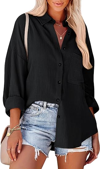 Photo 1 of Womens Cotton Button Down Shirt Casual Long Sleeve Loose Fit Collared Work Blouse Tops with Pocket
SIZE MEDIUM