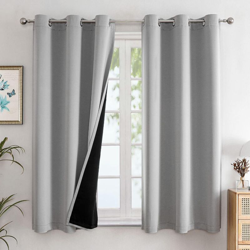 Photo 1 of ChrisDowa 100% Blackout Curtains for Bedroom with Black Liner, 2 Thick Layers Total Blackout Thermal Insulated Grommet Window Curtains 63 Inch Length 2 Panels Set (Light Grey, 42 x 63 Inch)
