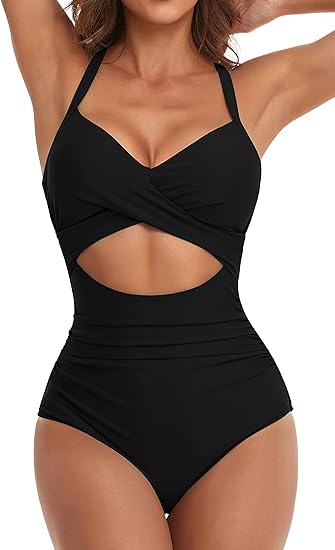 Photo 1 of size medium Eomenie Women's One Piece Swimsuits Tummy Control Cutout High Waisted Bathing Suit Wrap Tie Back 1 Piece Swimsuit
