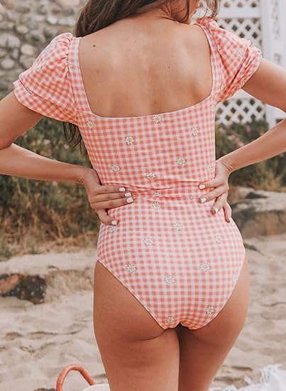 Photo 2 of size LARGE Aleumdr Short Puff Sleeve Square Neck One Piece Swimsuits for Women High Waist Belted Bathing Suit for Teens Girls
