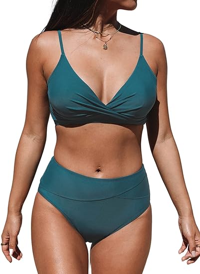 Photo 2 of size XL CUPSHE Women's Bikini Sets Two Piece Swimsuit High Waisted V Neck Twist Front Adjustable Spaghetti Straps Bathing Suit