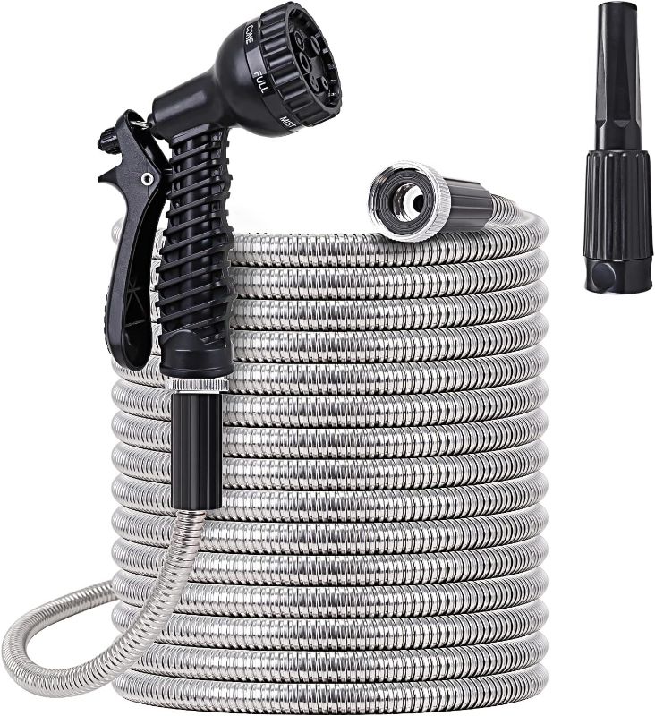 Photo 1 of FOXEASE Stainless Steel Garden Hose 75 ft - Metal Water Hose with 2 Nozzles, Lightweight, Tangle Free & Kink Free, Heavy Duty, High Pressure, Flexible, Dog Proof

