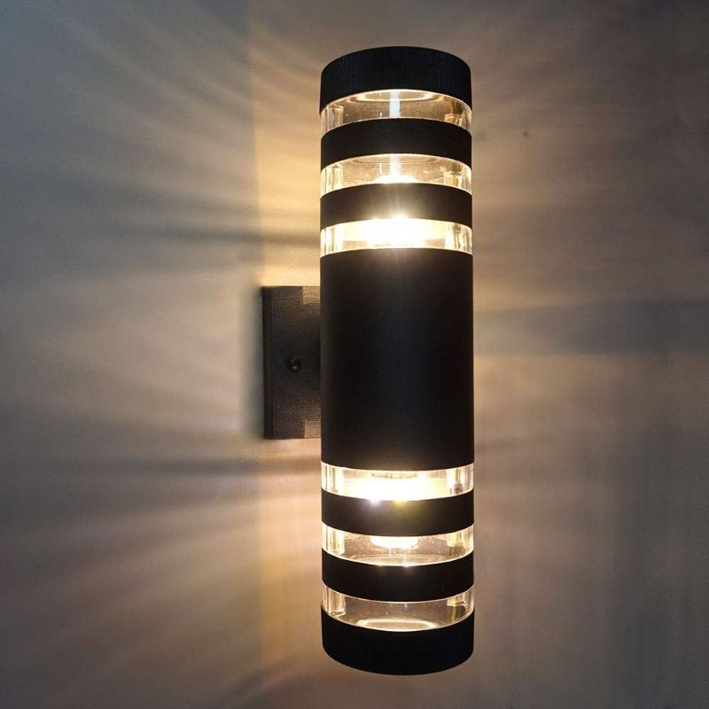 Photo 2 of Outdoor Wall Sconce Porch Cylinder Light, Modern Exterior Up and Down Wall Light Waterproof with Aluminum of Matte Black Finish and Toughened Glass for Patio, Garage, E27 Base
