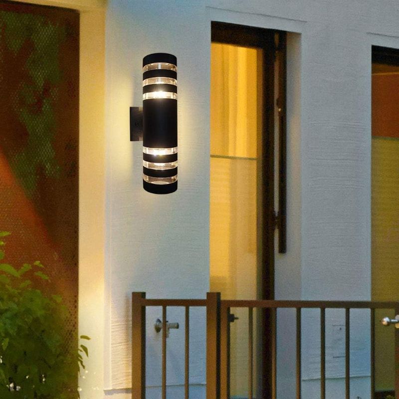 Photo 3 of Outdoor Wall Sconce Porch Cylinder Light, Modern Exterior Up and Down Wall Light Waterproof with Aluminum of Matte Black Finish and Toughened Glass for Patio, Garage, E27 Base
