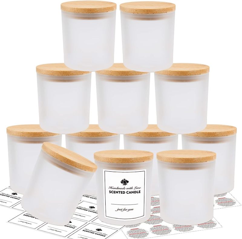 Photo 1 of 12 Pack Glass Candle Jars-10oz Frosted Empty Candle Jars with Bamboo Lids and Sticky Labels, Bulk Candle Jars for Making Candles Containers - Dishwasher Safe
