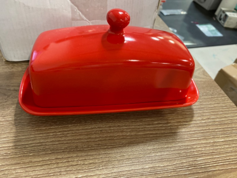 Photo 3 of Sweese Butter Dish with Lid, Porcelain Butter Keeper, 7.8 Inch Butter Holder with Handle Cover, Butter Container Perfect for East West Coast Butter, Red
