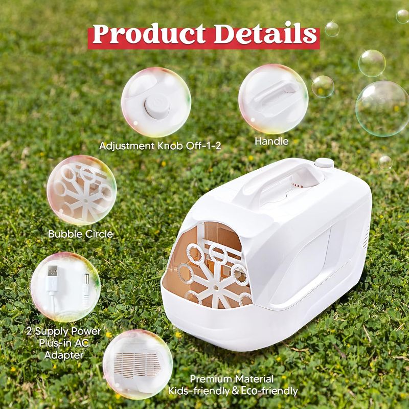 Photo 2 of JOYIN Bubble Machine, Automatic Bubble Blower, Portable Auto Bubble Maker with High Output, Powered by Plug-in or Batteries, Summer bubble Toy for Kids Toddlers Boys Girl, Party Wedding Indoor Outdoor

