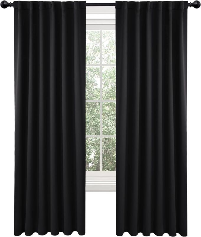 Photo 1 of Deconovo Blackout Curtains 84 Inches Long, Black Blackout Curtains for Bedroom - 2 Panels, 52x84 Inch, Room Darkening Curtains for Living Room, Back Tab and Rod Pocket Black Curtains
