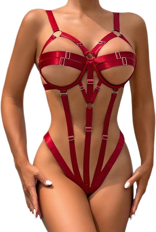 Photo 2 of size small VUUEAN Women's Sexy Lace Up Teddy Lingerie Bodysuit Leather Lingerie Bobydoll Bodysuit
