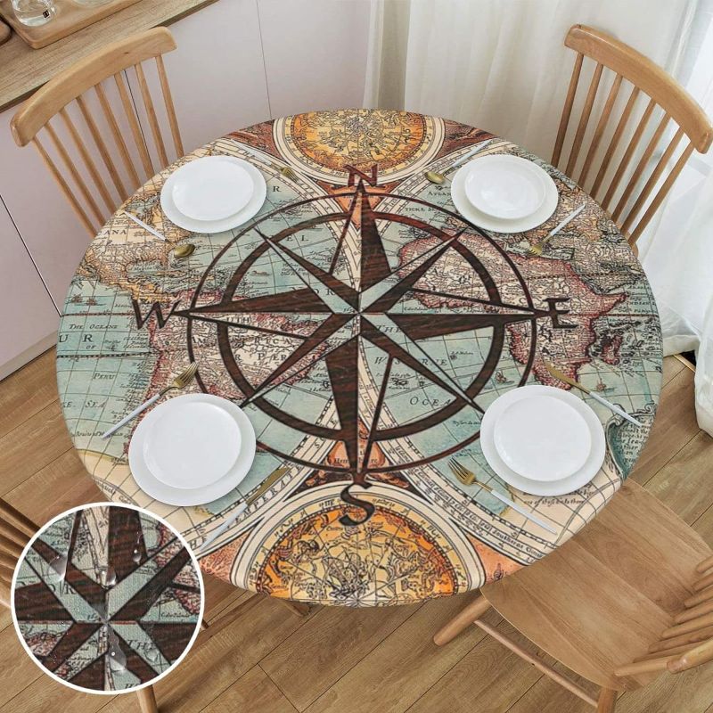 Photo 1 of WILL BUDXEG Nautical Map World Compass Rose Travel Round Fitted Table Cover Elastic Edge Circle Tablecloth 45"-50" Diameter
