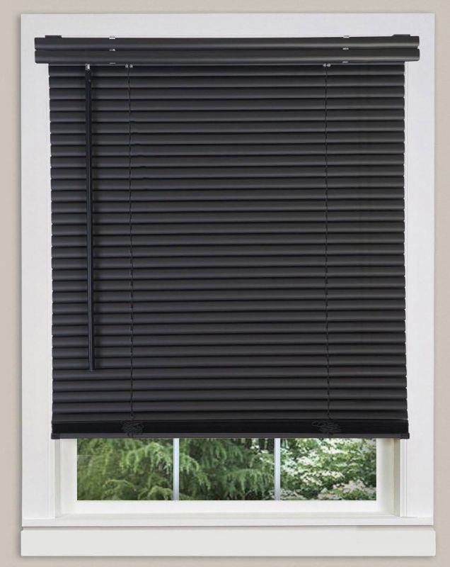 Photo 1 of PowerSellerUSA 1" Slats Cordless Window Blinds, 64L x 35W Inches Solid Pattern Light Filtering Vinyl Indoor-Outside Ceiling Mount Mini Blind, Manual Cordless Rollup Window Privacy Blinds, Black
