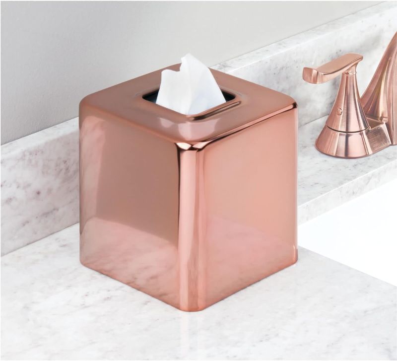 Photo 2 of mDesign Metal Square Tissue Box Cover, Modern Facial Paper Holder - Accessories for Bathroom Vanity Countertop, Bedroom Dresser, Night Stand, Desk, Office and End Table - Unity Collection - Rose Gold
