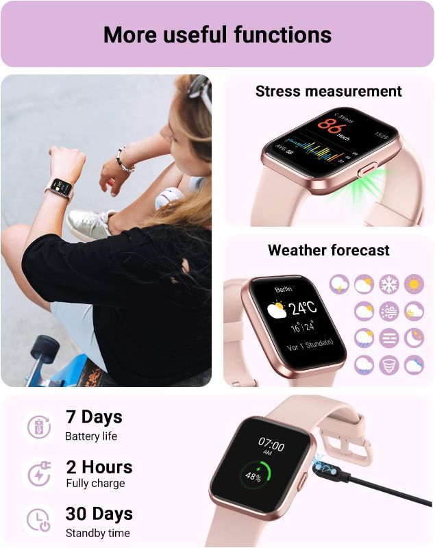 Photo 3 of Smart Watch for Men Women(Call Receive/Dial), Alexa Built-in, 1.7" Touch Screen Fitness Tracker with Heart Rate Sleep Tracking, 60 Sports Modes, 5ATM Waterproof Smartwatch for Android iPhone, Pink
