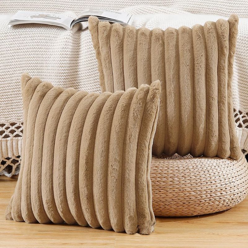 Photo 1 of MADIZZ Set of 2 Faux Wool Plush Decorative Throw Pillow Covers 20x20 Inch Camel Fluffy Striped Soft Decorative Cushion Cover for Sofa Bedroom Pillow Shell
