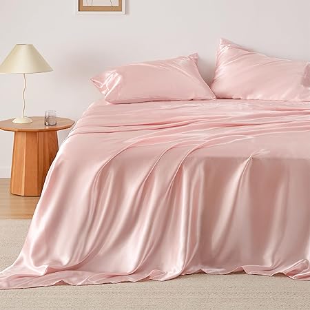 Photo 1 of Bedsure Satin Sheets - Soft Satin Bed Sheets Queen Set, 4 Pcs Luxury Silky Sheets, Similar to Silk Sheets, Pink Satin Sheets Queen Size for Hair and Skin, Gifts for Women

