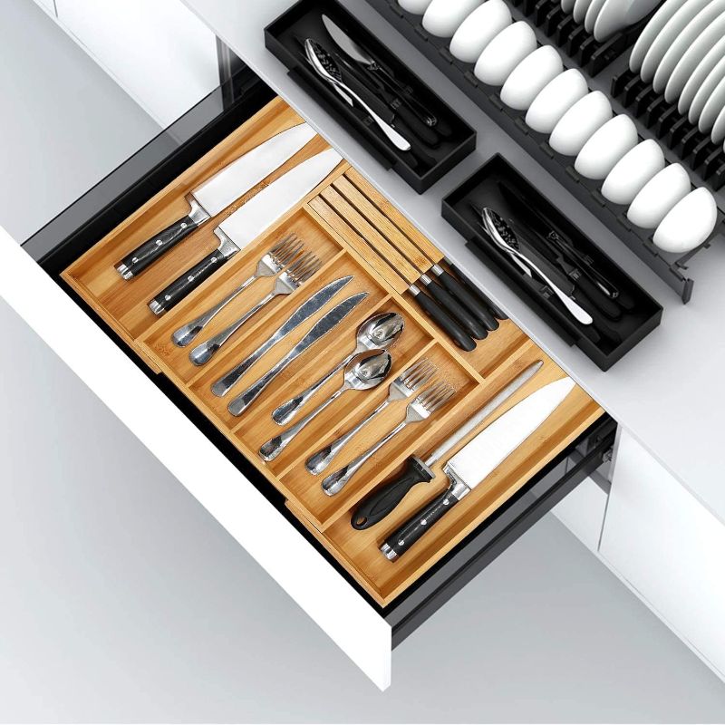 Photo 3 of VaeFae Bamboo Silverware Drawer Organizer Kitchen, Expandable Utensil Holder and Cutlery Tray with Divider, Flatware Storage and Removable Knife Block
