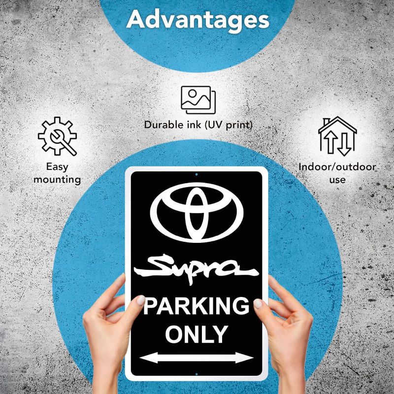 Photo 1 of Supra Parking Only Sign with Protective Transparent Shipping Film - 8x12 Aluminum Supra Gifts for Men - Black Toyota Signs for Garage Bar Man Cave
