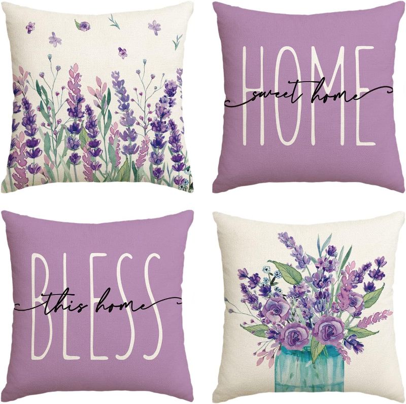 Photo 1 of AVOIN colorlife Home Sweet Home Lavender Purple Throw Pillow Covers, 18x18 Inch Spring Summer Seasonal Decorations for Home Set of 4
