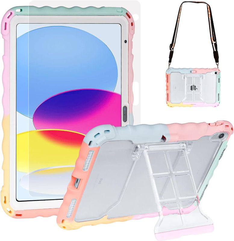 Photo 1 of TopEsct Case for iPad 10th Generation 10.9 inch 2022, Built in Screen Protector & Pencil Holder, Shockproof Kids Case Cover for iPad 10 Gen Comes with Adjustable Shoulder Strap(Rainbow)
