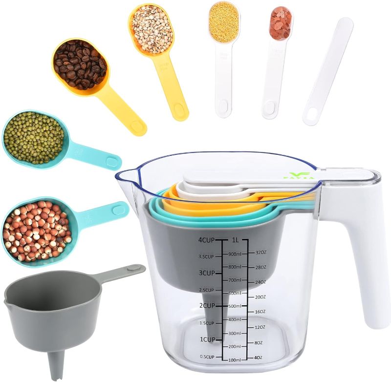 Photo 1 of FAVIA Measuring Cups and Measuring Spoons Set of 10 Pieces Plastic Kitchen Cooking Baking Stackable Measurement BPA Free Dishwasher Safe for Liquid and Dry Green+Yellow
